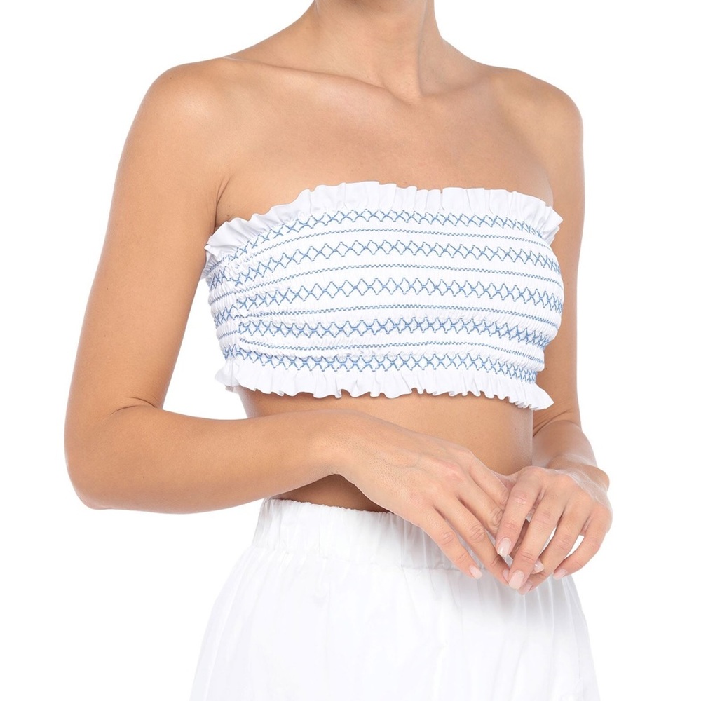 Tory Burch White and Blue Smocked Bikini Top